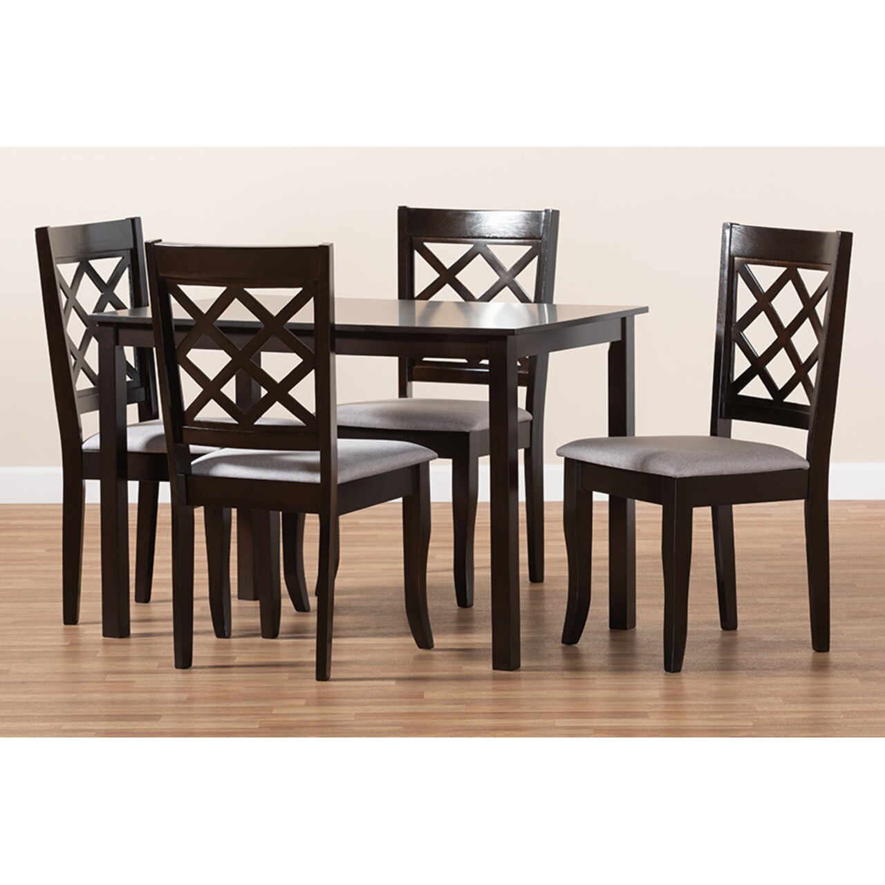 Wholesale Interiors Baxton Studio Verner Modern and Contemporary Grey Fabric Upholstered Espresso Brown Finished 5-Piece Wood Dining Set
